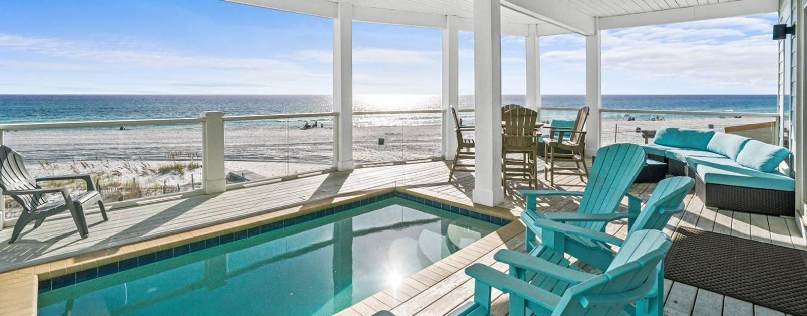 Patio with pool overlooking the beach