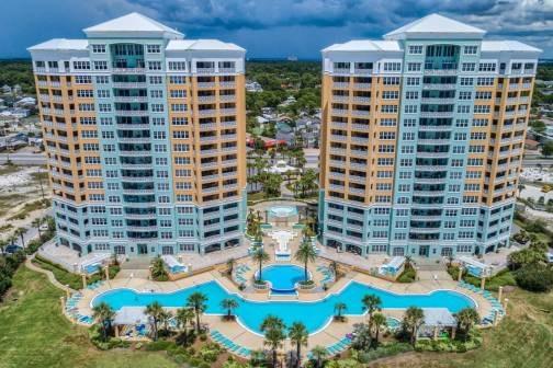 Aerial view of resort buildings